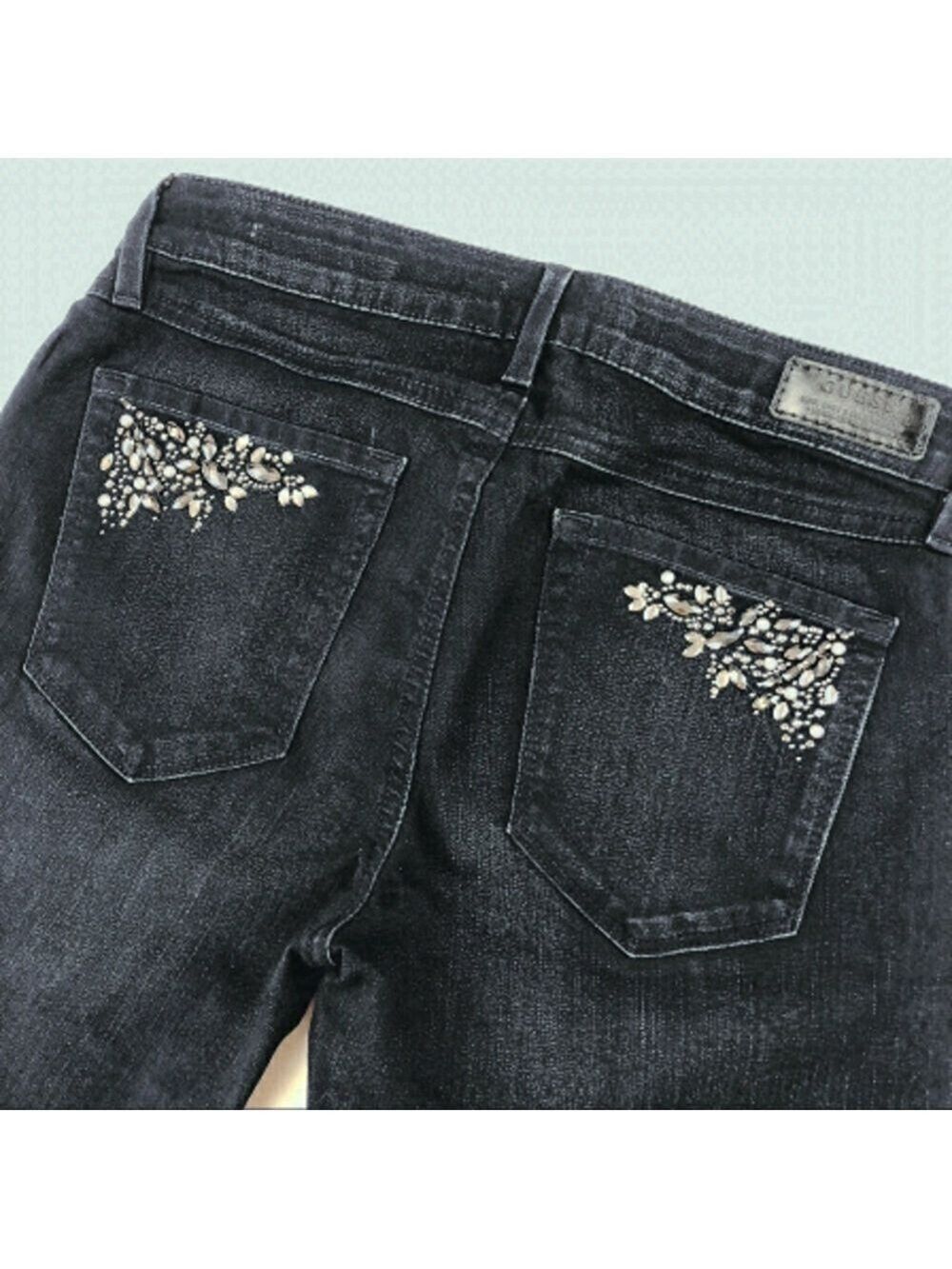 GUESS Brittany Skinny Dark Blue Denim Crystal Pockets Jeans Size 27”